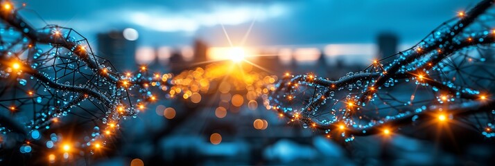Banner with abstract network of illuminated nodes and connections with water droplets against a blurred cityscape at sunset.
