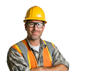 Worker in protective gear and with cheerful expression standing confidently with crossed arms, cut out - stock png.
