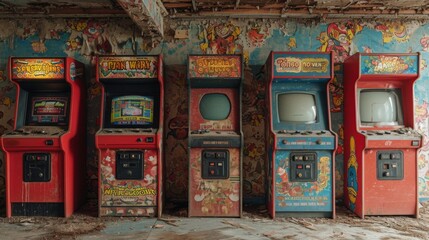 vieilles bornes arcades des années 80 à l'abandon dans un entrepôt désaffecté