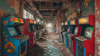 Obraz premium vieilles bornes arcades des années 80 à l'abandon dans un entrepôt désaffecté