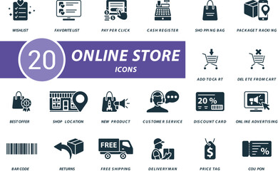 Online store icons set. Creative icons: wishlist, favorite list, pay per click, cash register, shopping bag, package tracking, add to cart, delete from cart, best offer, shop location, new product - obrazy, fototapety, plakaty