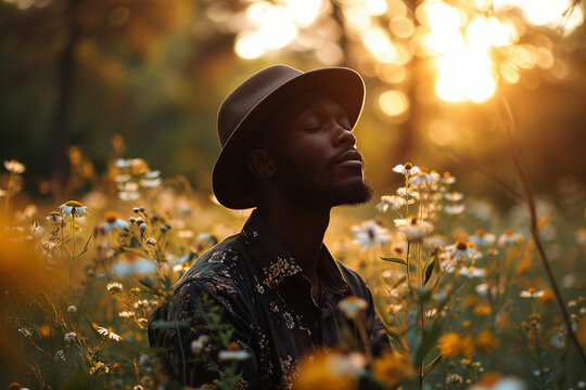 Generative AI illustration of serene black man in a wide brimmed hat closes his eyes enjoying the peace among a field of wildflowers at sunset