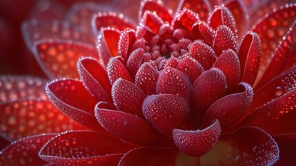  a close up view of a red flower with drops of water on the petals and the center of the flower.