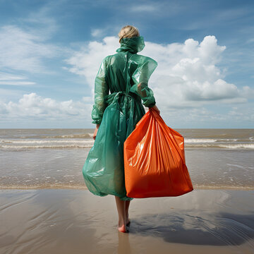 Generative AI illustration of anonymous person clad in plastic standing on the beach holding plastic bag evoking a message about ocean pollution