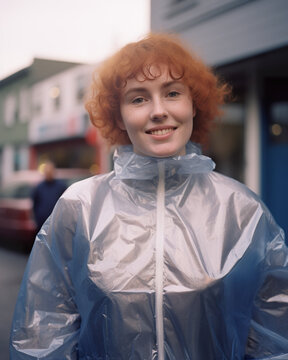 Generative AI illustration of smiling woman with red hair wearing a clear plastic raincoat on an urban street