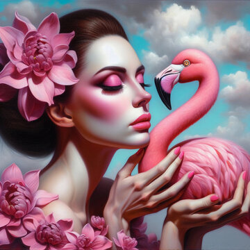 Surreal portrait of a woman with a pink flamingo.