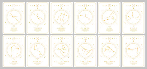 Set of Modern magic witchcraft cards with astrology zodiac constellations in the sky. Zodiac characteristic. Zodiac icons. Vector illustration - obrazy, fototapety, plakaty