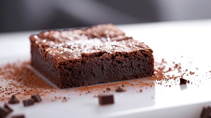  a close up of a piece of brownie on a plate with chocolate sprinkled on top of it. - obrazy, fototapety, plakaty