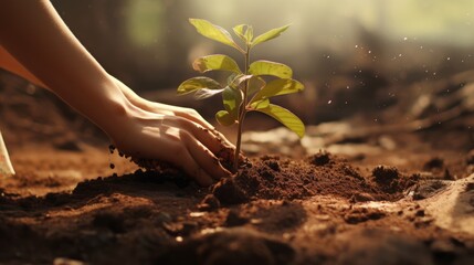 Close up of female hands planting a tree in the soil with sunlight