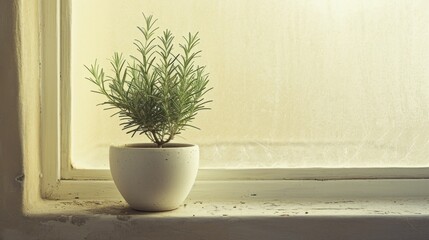  a potted plant sitting on a window sill next to a window sill with a white curtain behind it.