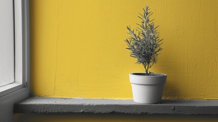  a potted plant sitting on a window sill in front of a yellow wall with a window sill in front of it.