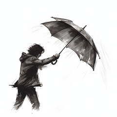Individual struggling with a broken umbrella in the wind isolated on white background, sketch, png
 - obrazy, fototapety, plakaty