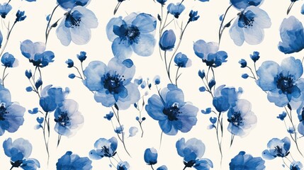  a watercolor painting of blue flowers on a white background with a blue stem in the middle of the image.