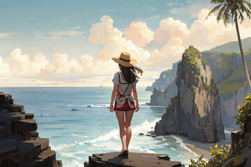 a girl standing in a clef in front of a ocean