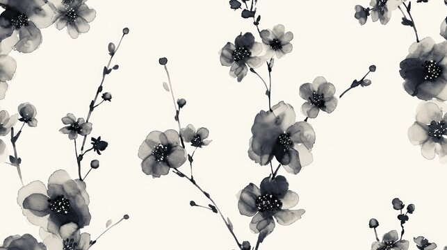  a pattern of black and white flowers on a white background with a black and white floral design in the middle of the image.