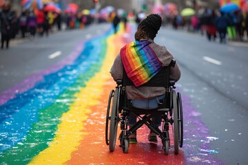 Black woman in a wheelchair at a LGBT DEIB community event focused on accessibility and tolerance - obrazy, fototapety, plakaty
