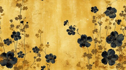  a painting of blue flowers and leaves on a yellow background with a grungy effect to the bottom of the image.