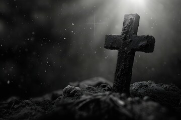 A black and white image of a solitary cross stands against a dramatic background - obrazy, fototapety, plakaty