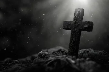 Fotobehang A black and white image of a solitary cross stands against a dramatic background © Rax Qiu
