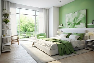 Modern bright interior of a white and green bedroom 