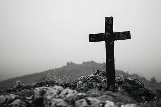 A black and white image of a solitary cross stands against a dramatic background