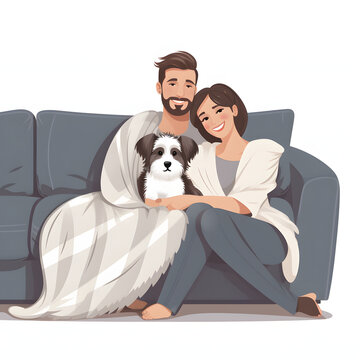 Couple cuddling with a fluffy pet on the couch isolated on white background, simple style, png
