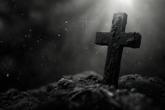 A black and white image of a solitary cross stands against a dramatic background