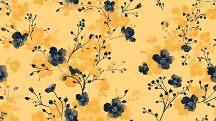  a yellow and black floral wallpaper with black and yellow flowers on a yellow background with black and white leaves. - obrazy, fototapety, plakaty
