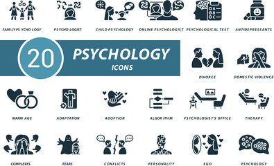 Psychology icons set. Creative icons: family psychology, psychologist, child psychology, online psychology, psychological test and more