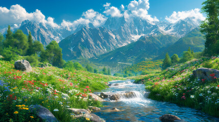 Peaceful Mountainous river landscape in spring or summer, clear flowing water, green trees and blooming flowers on the banks.