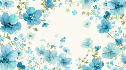  a picture of blue flowers and green leaves on a white background with a place for the text in the center.
