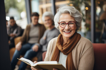 An elderly woman participating in a group book club, discussing literature and fostering intellectual conversations with peers.