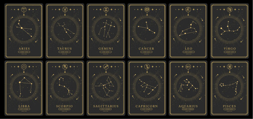 Set of Modern magic witchcraft cards with astrology zodiac constellations in the night sky. Zodiac characteristic. Zodiac icons. Vector illustration - obrazy, fototapety, plakaty