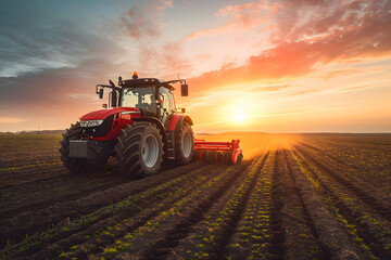 front view of red tractor driving in a field, harvesting and farming, sunset 