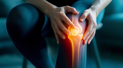 Representation of a woman feeling severe knee pain. A woman pressing his knee with his hands because of knee inflammation. - obrazy, fototapety, plakaty