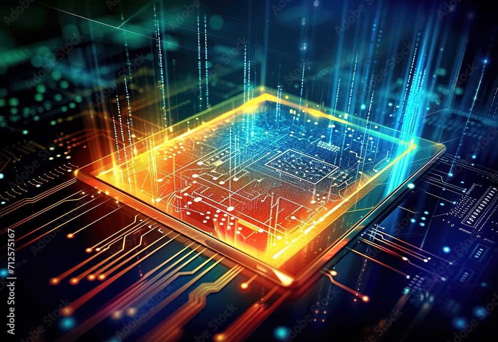 Poster futuristic processor chip - dynamic illustration of a processor with glowing circuitry and data stre