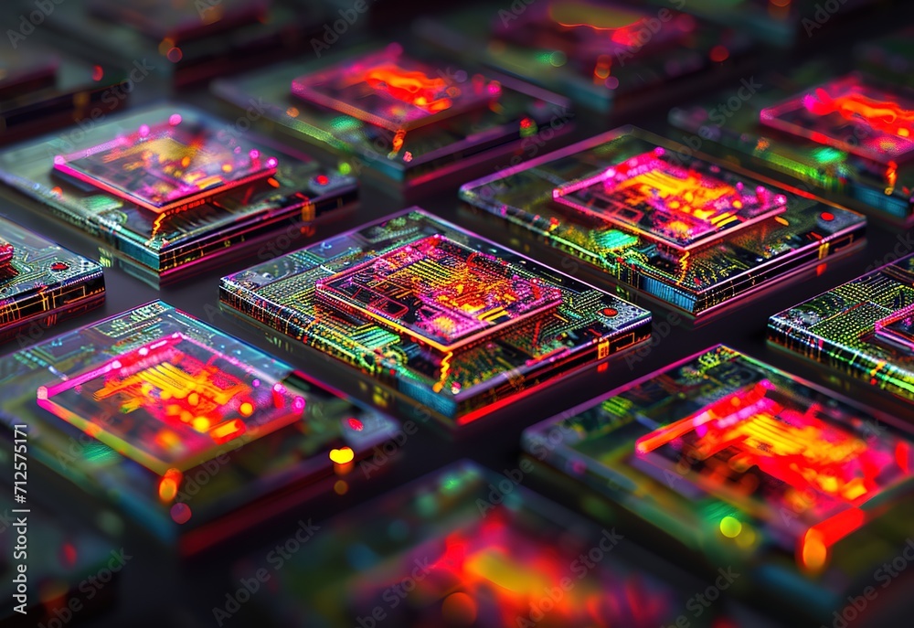 Poster futuristic processor chip - dynamic illustration of a processor with glowing circuitry and data stre