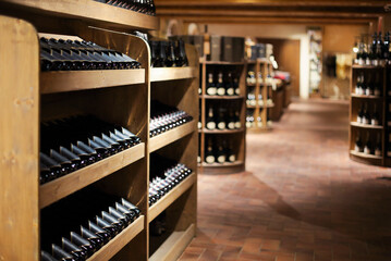 Champagne bottles in wine store