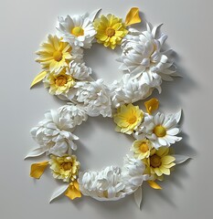 Elegant floral number 8 design with beautiful yellow and white flowers, perfect for birthday, March 8th or special occasion decoration.