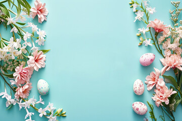 Naklejka na ściany i meble Spring floral arrangement forming an elegant frame with fresh flowers and scattered easter eggs on blue background
