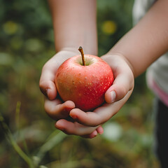 Hand of a child holding an apple.