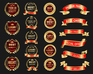 Golden red luxury premium quality label badges on grey background vector