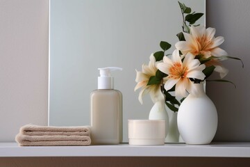 setup of flowers and soap bottles on bathroom or toilet mirror shelf for cosmetics and face wash natural spa products commercial or decoration .
