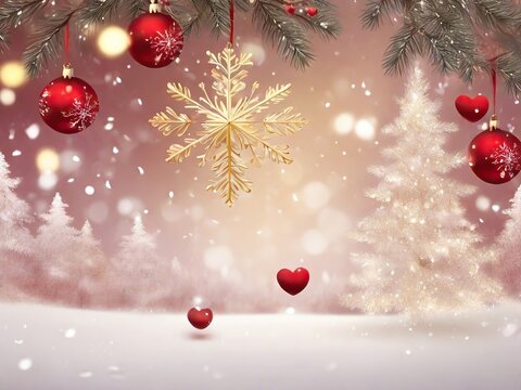 Beautiful red and pink background with big golden snowflake, hearts, red Christmas balls for Valentine's Day