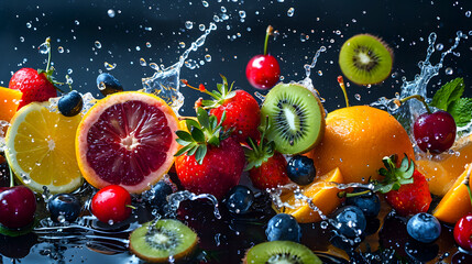 Fruit explosion: a fresh and vibrant array of citrus, kiwi and berries in motion with water drops