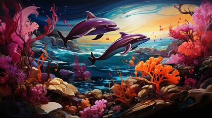 A vibrant assembly of dolphins gracefully swimming in a colorful underwater environment.