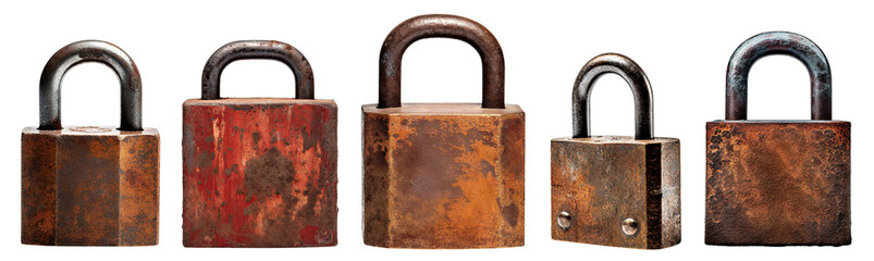 Set of old rusty padlocks, cut out - obrazy, fototapety, plakaty