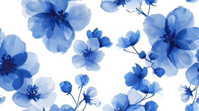  a bunch of blue flowers that are on a white surface with a blue flower in the middle of the picture.