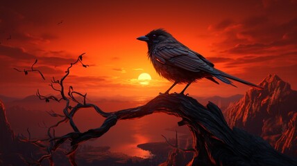 Bird tree magnificent colorful black fantasy illustration sun background Ai generated art - obrazy, fototapety, plakaty