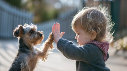 Cute toddler giving high-five to dog at home, Handshake between little child and small terrier dog, teamwork between toddler, generative ai - obrazy, fototapety, plakaty